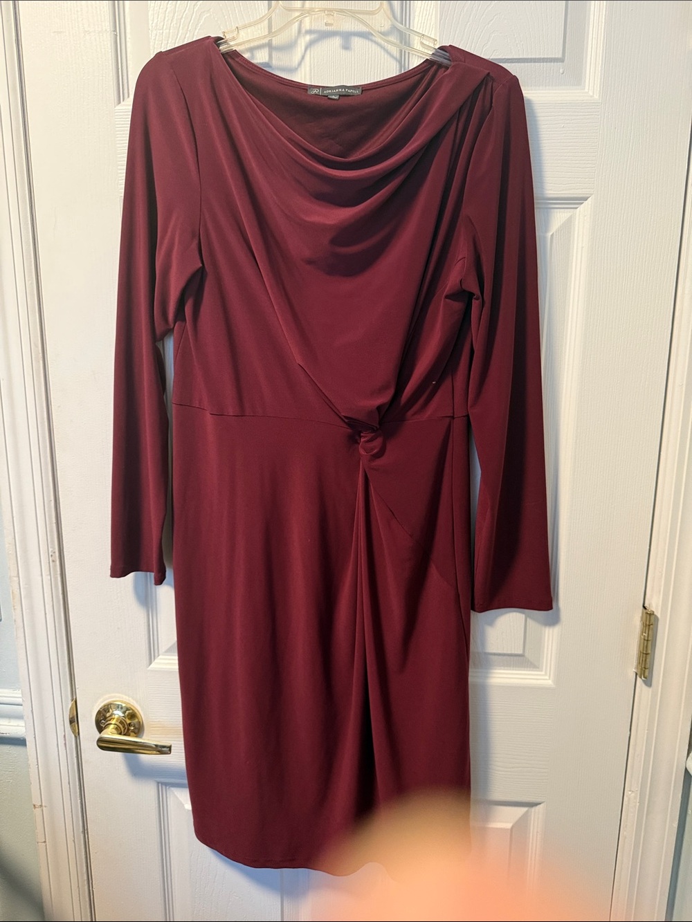 Adrianna Papell Burgundy Knot-Front Draped-Neck Long Sleeve Dress